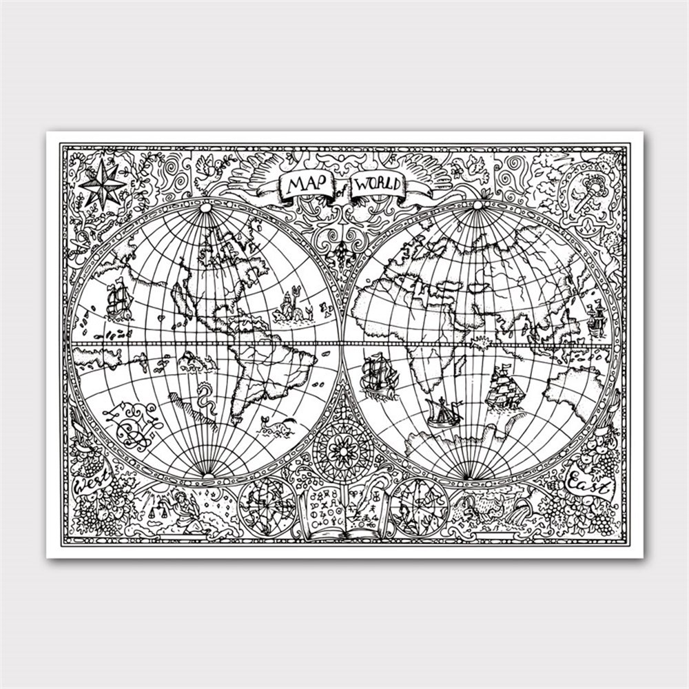 Motifli El Çizimi Dünya Haritası Kanvas Tablo