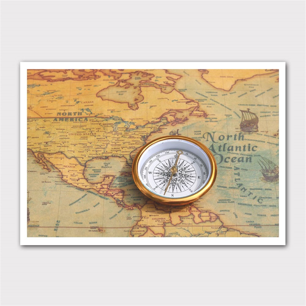 Kuzey Amerika Haritası ve Pusula Kanvas Tablo