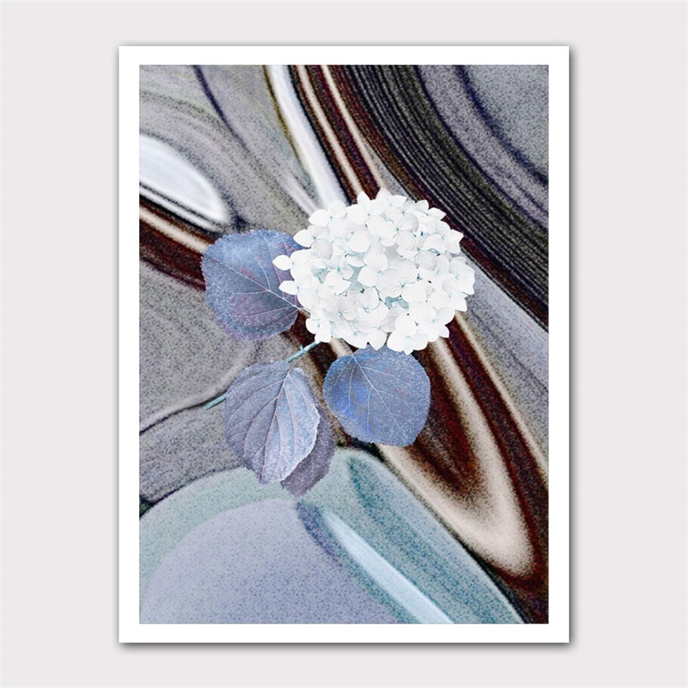 Soyut Mavi Yapraklı Beyaz Çiçek Kanvas Tablo