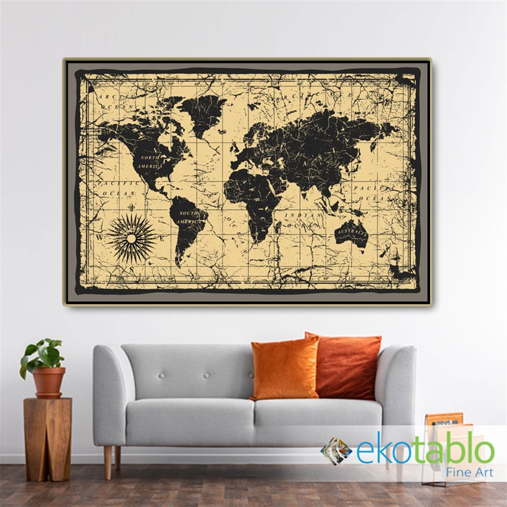 Sarı Siyah Dünya Haritası Kanvas Tablo