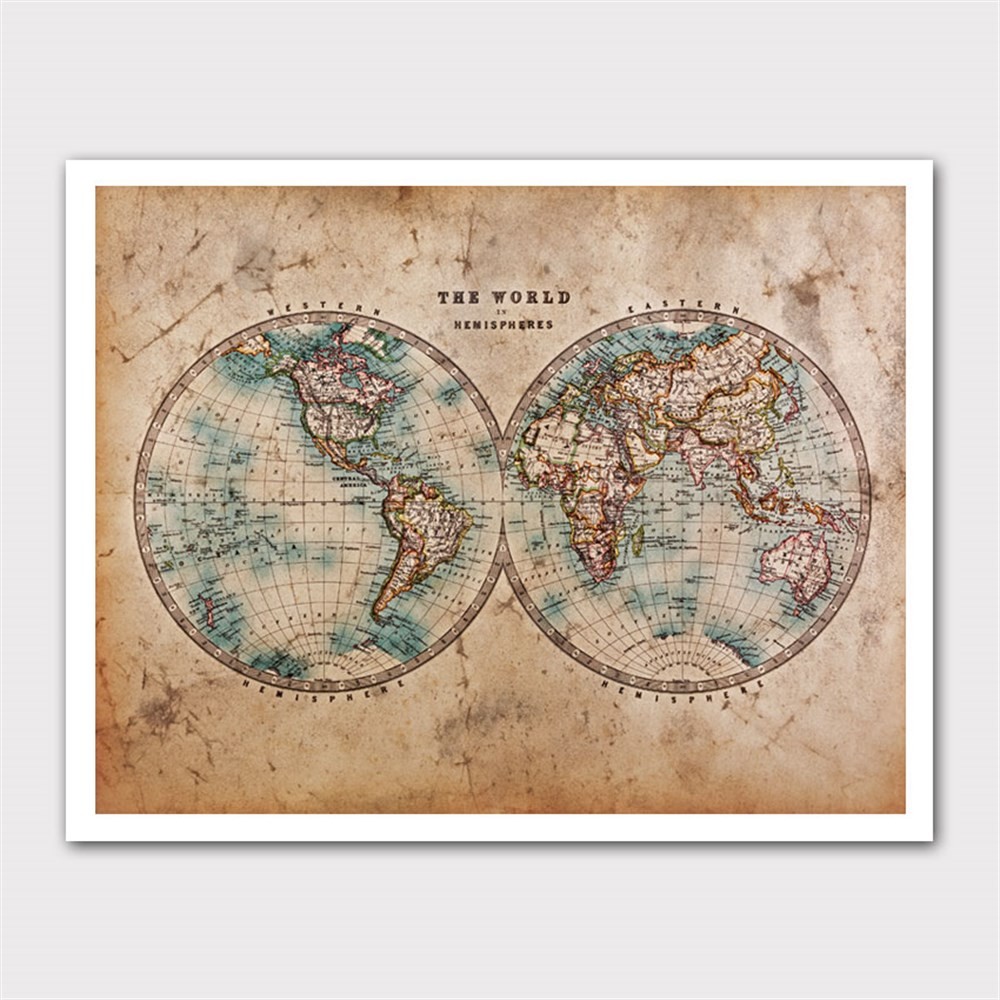 Doğu Batı Yarıküre Dünya Haritası Kanvas Tablo