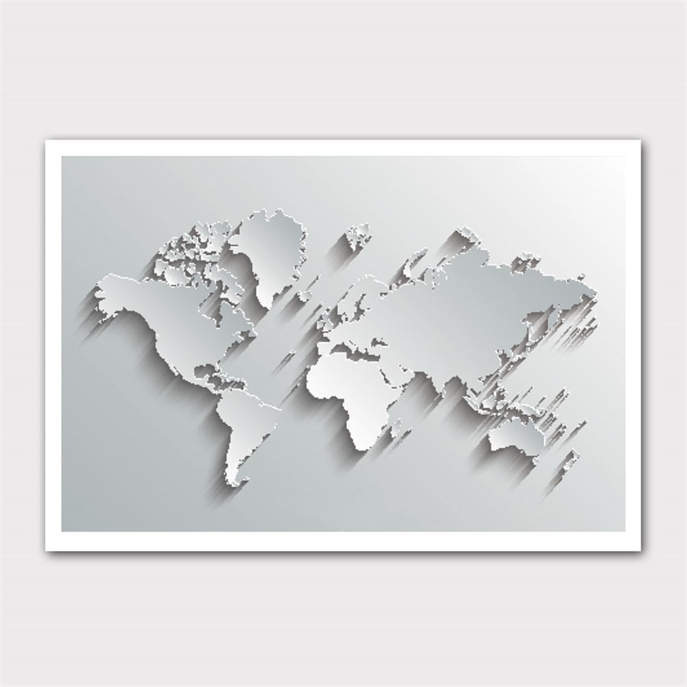 Beyaz Kabartmalı Dünya Haritası Kanvas Tablo