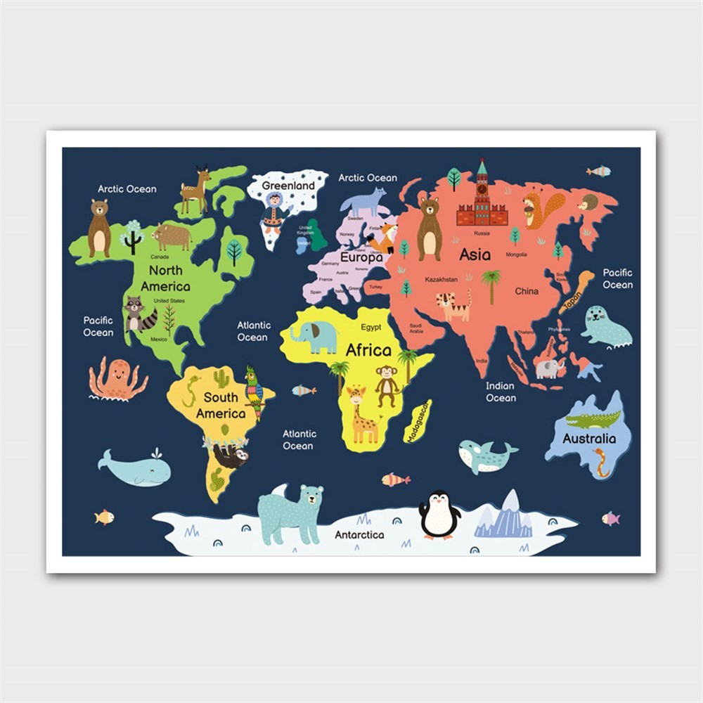 Dünya Haritası ve Ülke Hayvanları Kanvas Tablo