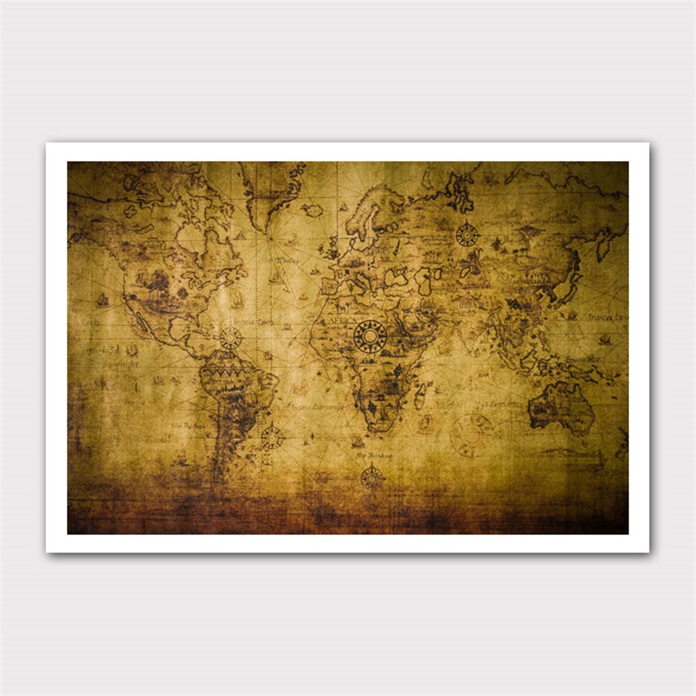 Solgun Renkli Antik Dünya Haritası Kanvas Tablo