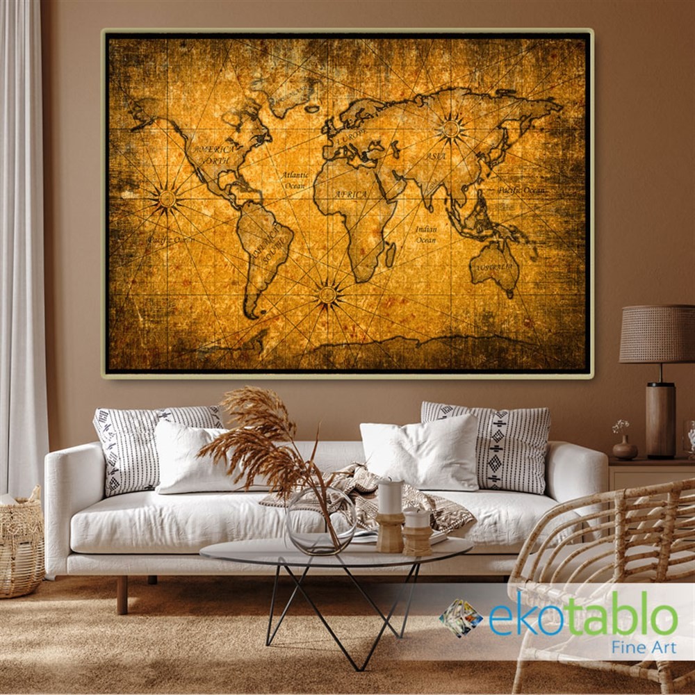 Kahverengi Eskitme Dünya Haritası Kanvas Tablo