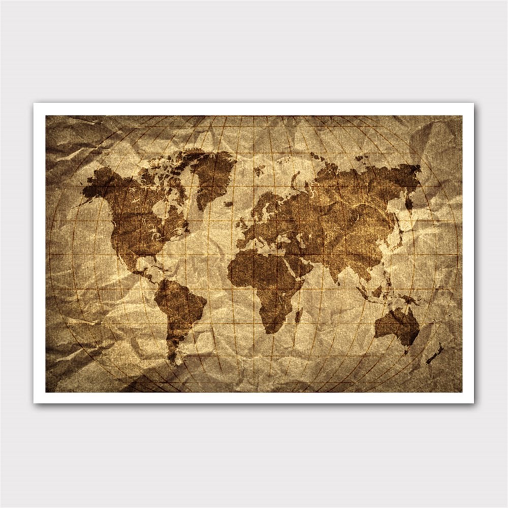 Buruşuk Kağıtta Dünya Haritası Kanvas Tablo