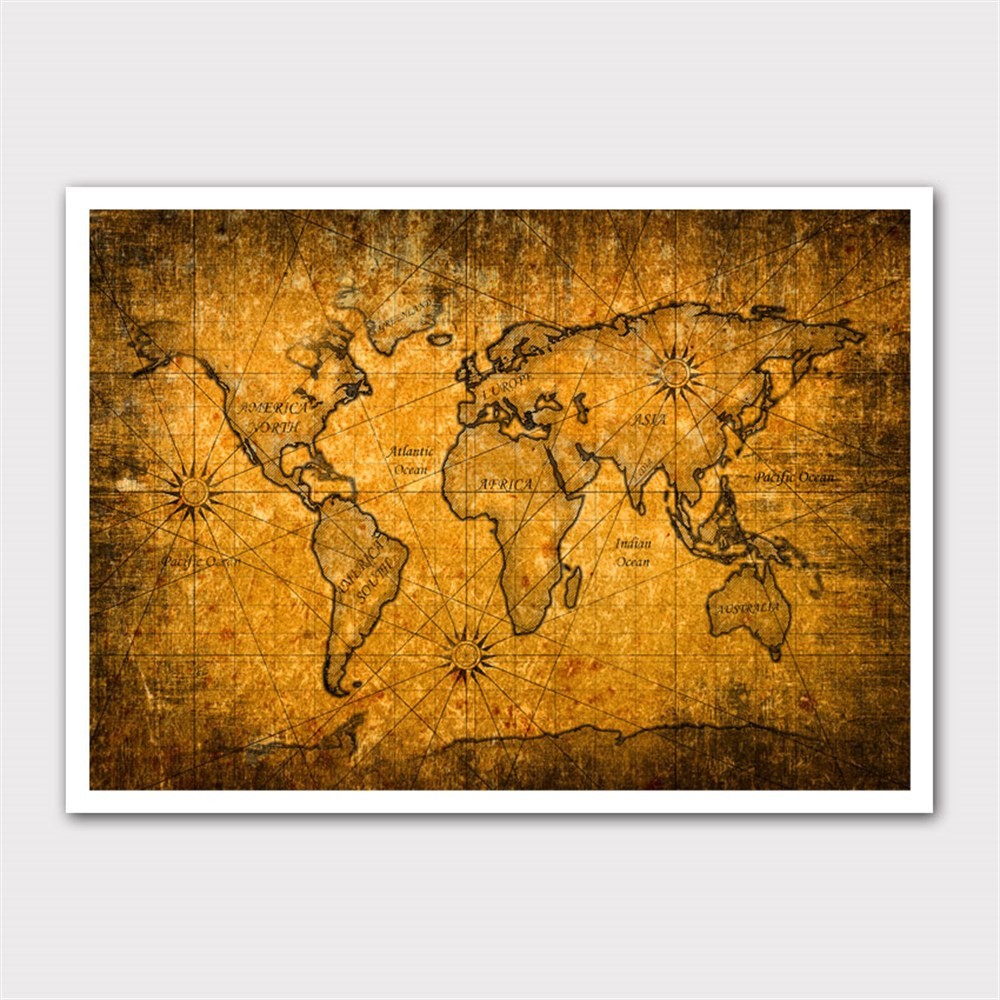 Kahverengi Eskitme Dünya Haritası Kanvas Tablo