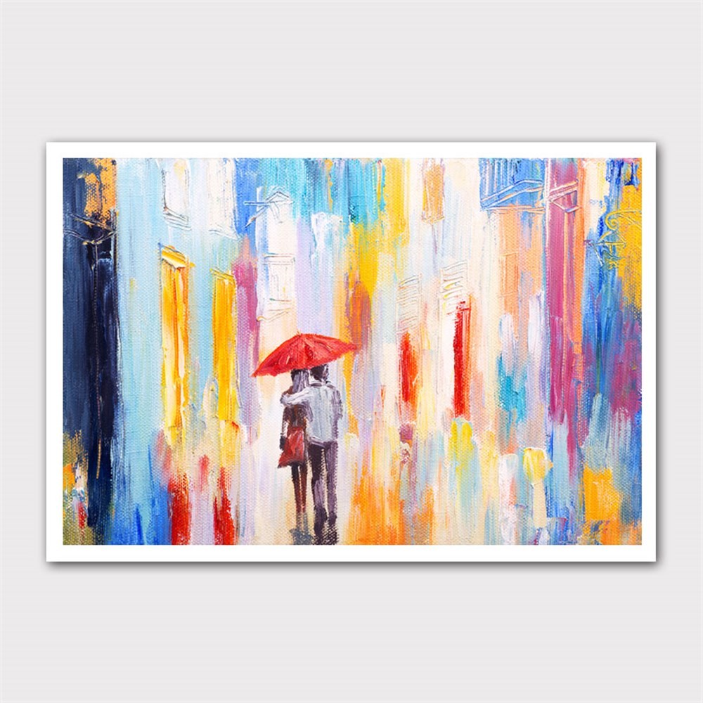 Yağmurda Yürüyen Çift Pastel Kanvas Tablo
