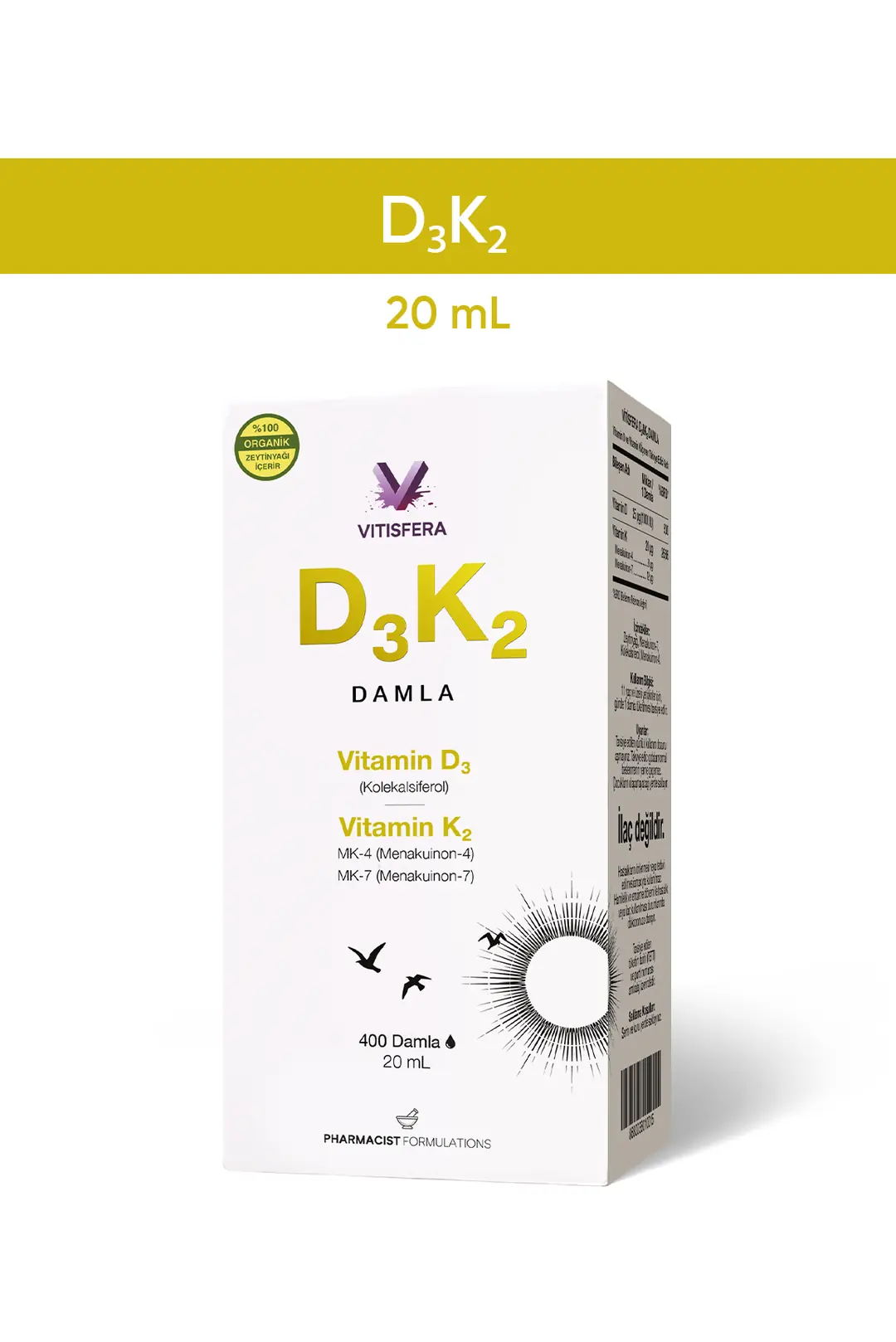 D3K2 Damla 20 ml 400 damla (1000 IU D3 20 mcg K2) Organik Zeytinyağı Bazlı