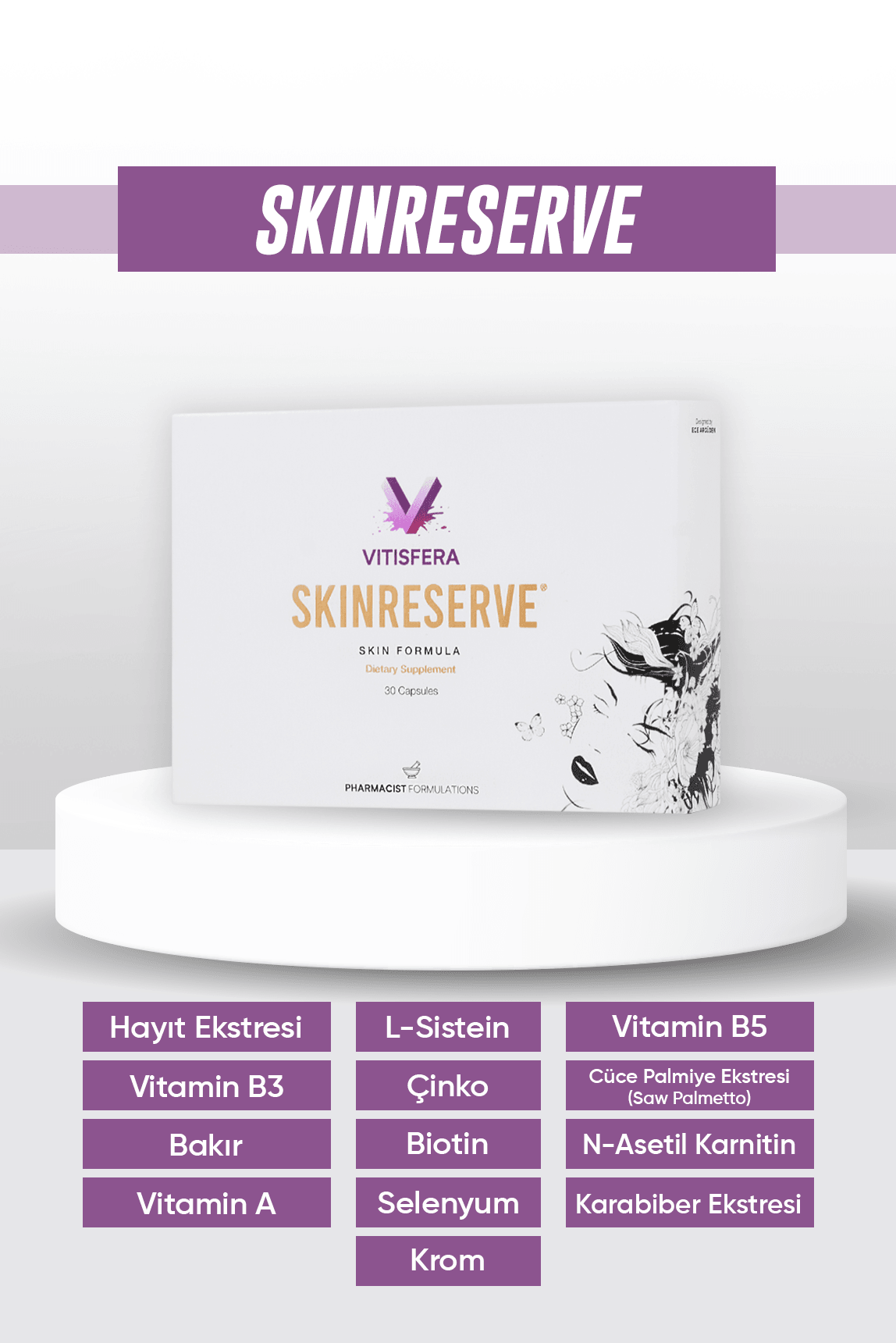 Vitisfera SkinReserve 30 Kapsül- Cüce Palmiye Ekstresi, Hayıt Ekstresi, Multivitamin ve Multimineral