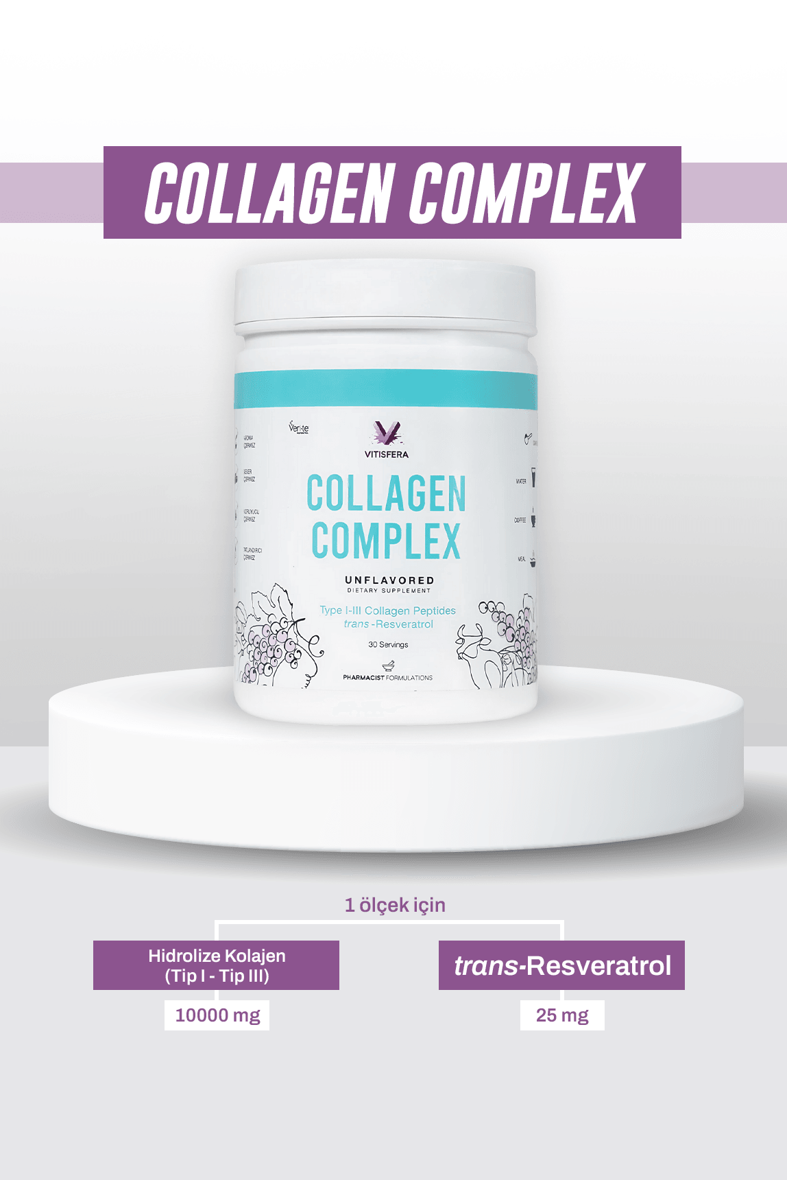 Vitisfera Collagen Complex- %100 Saf, Doğal Tip I-III Çift Hidrolize Kolajen Peptitleri + trans Resveratrol İçeren Gıda Takviyesi I Nötr Tat, Şekersiz