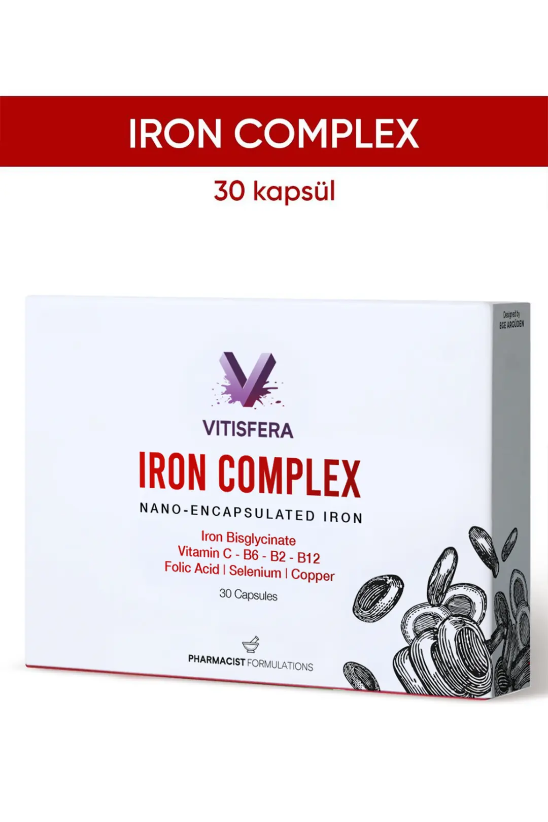 Vitisfera Iron Complex 30 Kapsül- Demir (Bisglisinat), Vitamin C, Folik asit, B2-B6-B12, Selenyum, Bakır