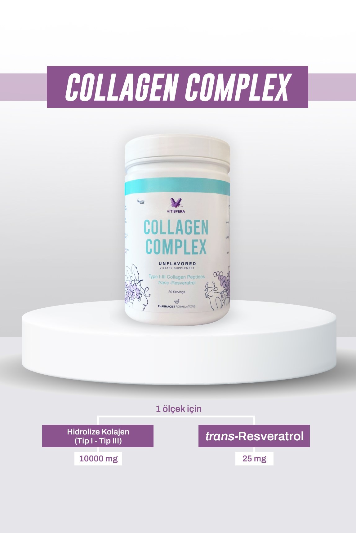 Vitisfera Collagen Complex- %100 Saf, Doğal Tip I-III Çift Hidrolize Kolajen Peptitleri + trans Resveratrol İçeren Gıda Takviyesi I Nötr Tat, Şekersiz