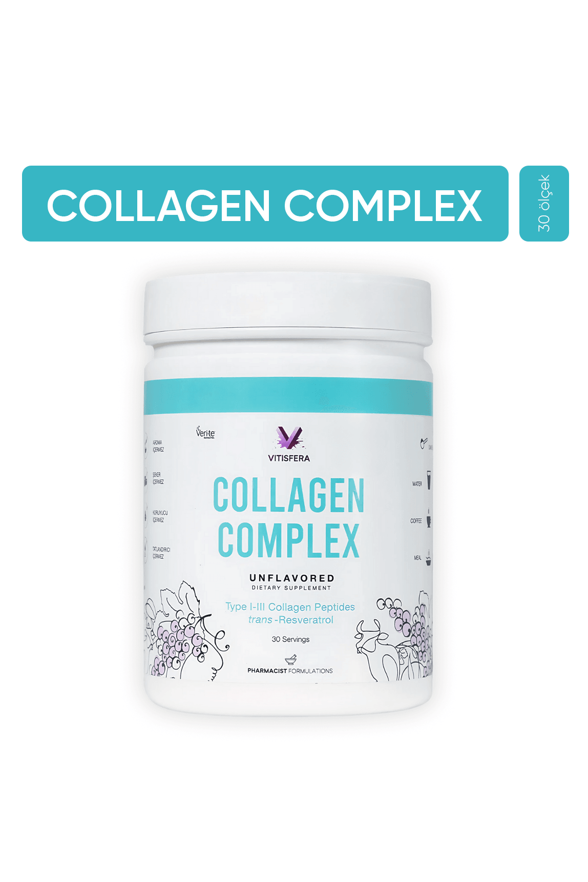 Vitisfera Collagen Complex- %100 Saf, Doğal Tip I-III Çift Hidrolize Kolajen Peptitleri + trans Resveratrol İçeren Gıda Takviyesi I Nötr Tat, Şekersiz