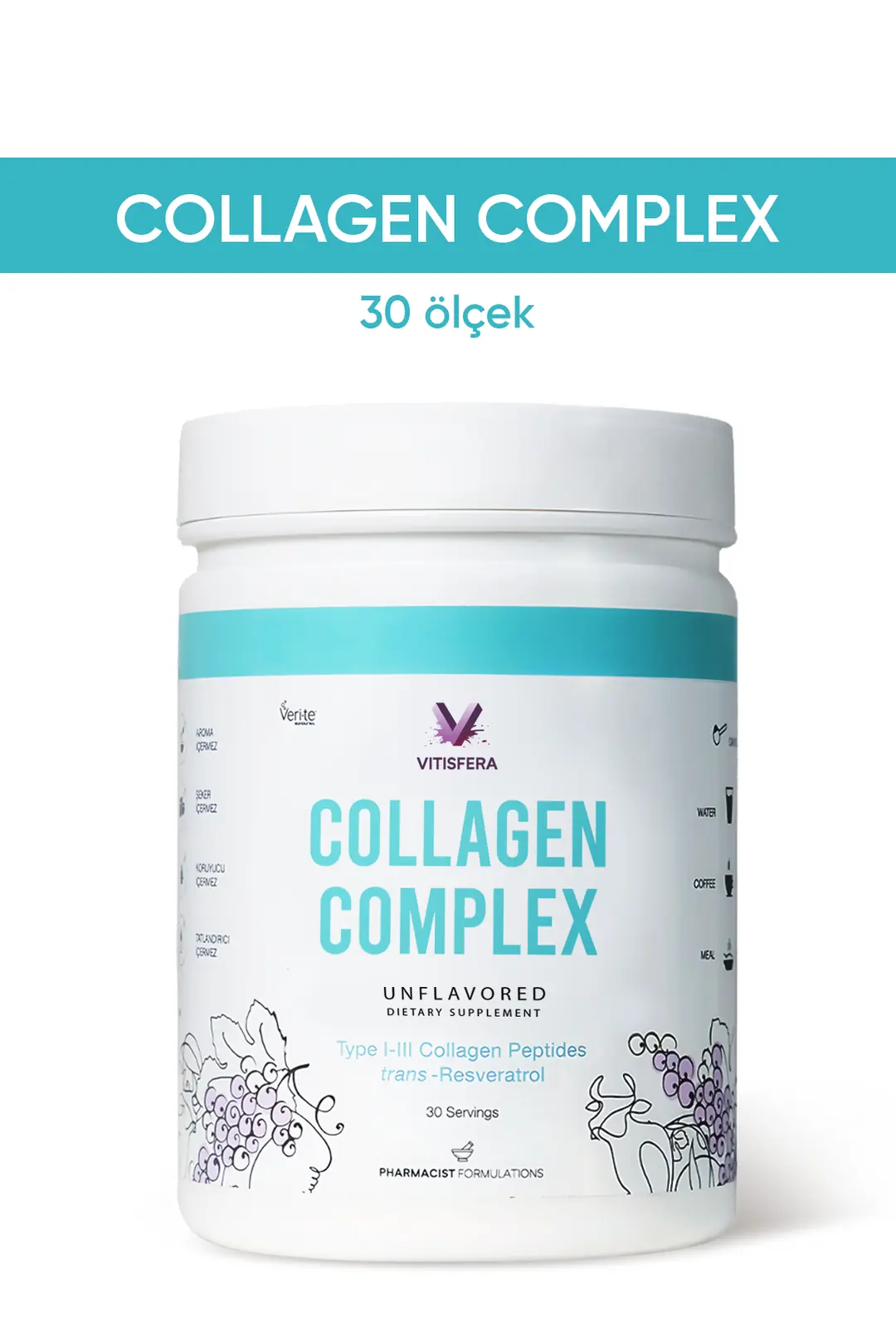 Vitisfera Collagen Complex- Saf, Doğal Tip I-III Çift Hidrolize Kolajen Peptitleri trans Resveratrol İçeren Gıda Takviyesi I Nötr Tat, Şekersiz