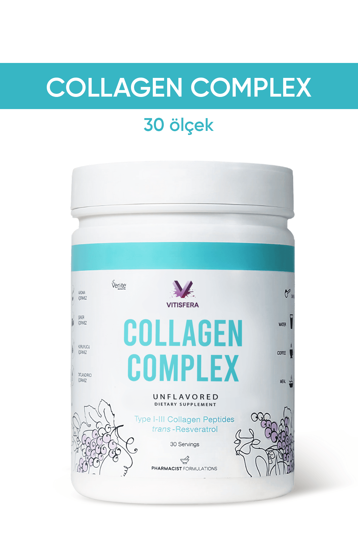 Vitisfera Collagen Complex- %100 Saf, Doğal Tip I-III Çift Hidrolize Kolajen Peptitleri + trans Resveratrol İçeren Gıda Takviyesi I Nötr Tat, Şekersiz