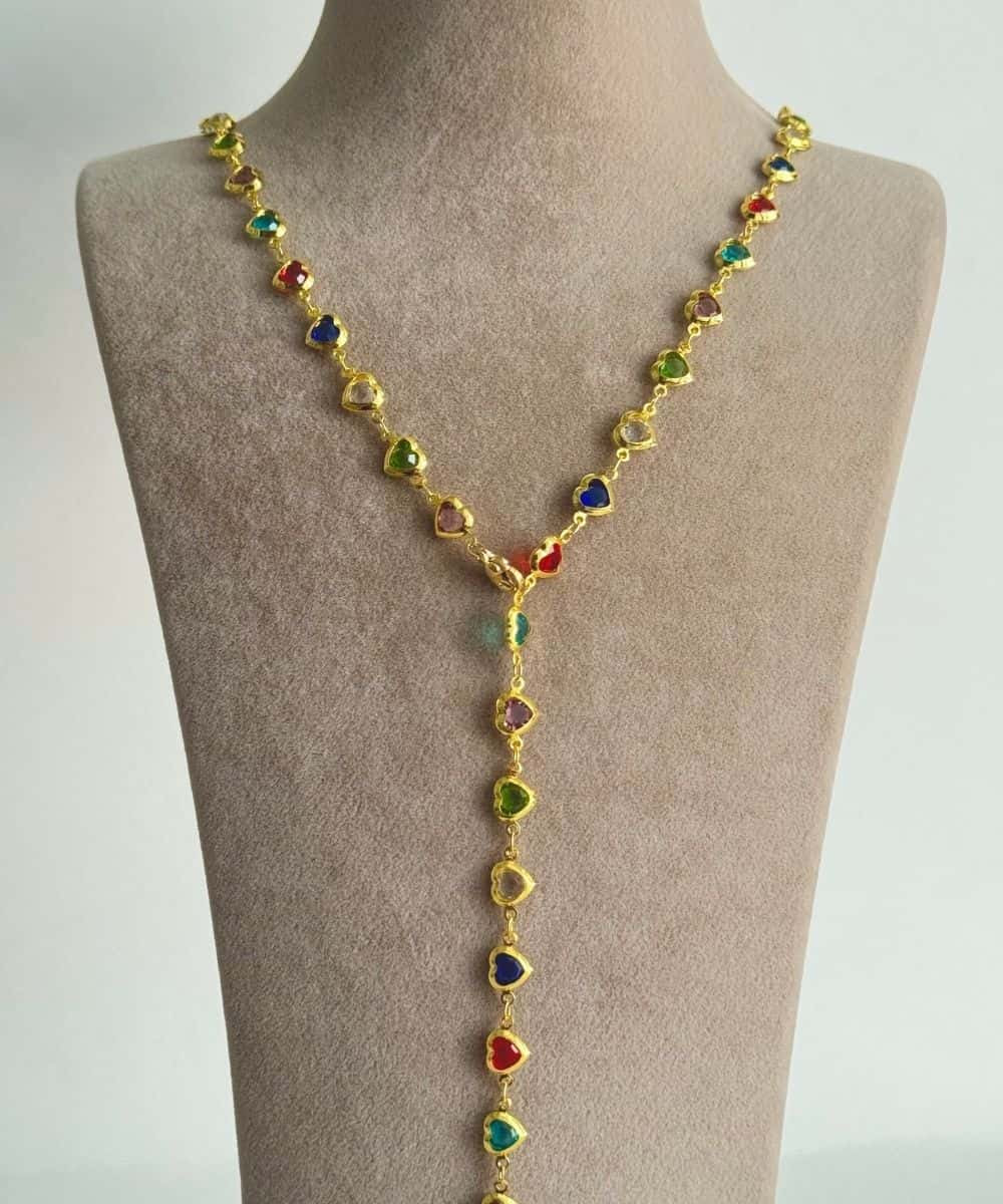 Çelik Renkli Taşlı Kalp Y Kolye 