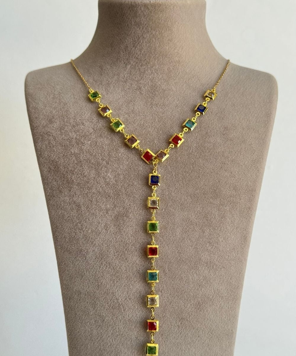 Çelik Renkli Kare Taşlı Y Kolye