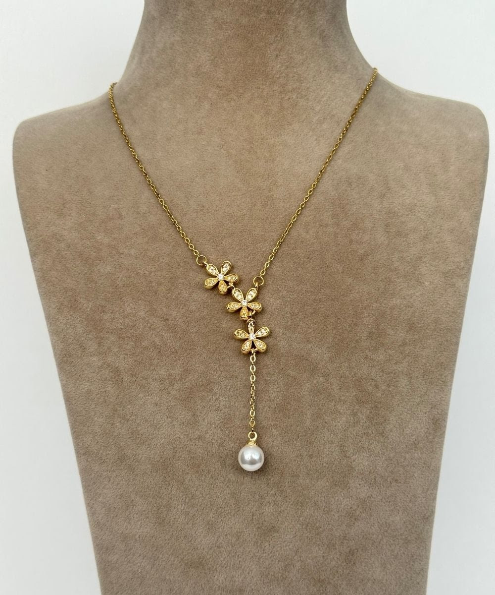 Çelik Papatya İnci Y Gold Kolye 