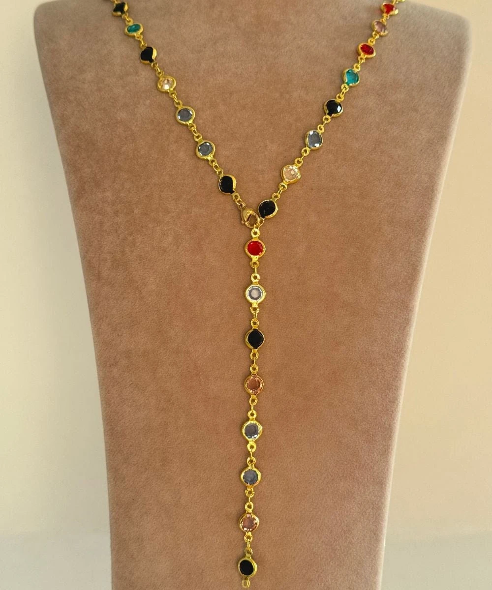 Çelik Renkli Taşlı Yuvarlak Y Kolye