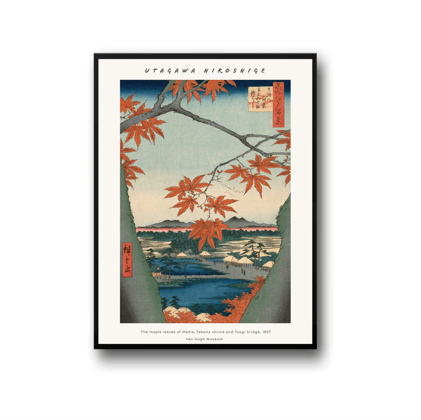 Utagawa Hiroshige - The maple leaves of Mama, Tekona shrine and Tsugi bridge