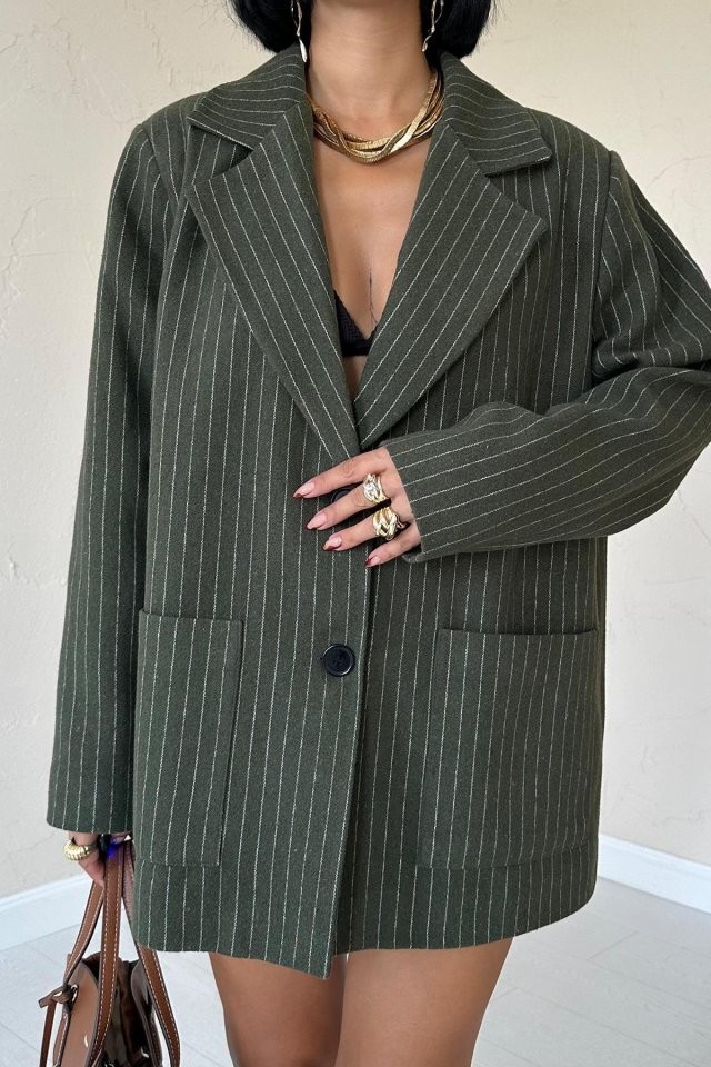 Haki Çizgili Oversize Ceket
