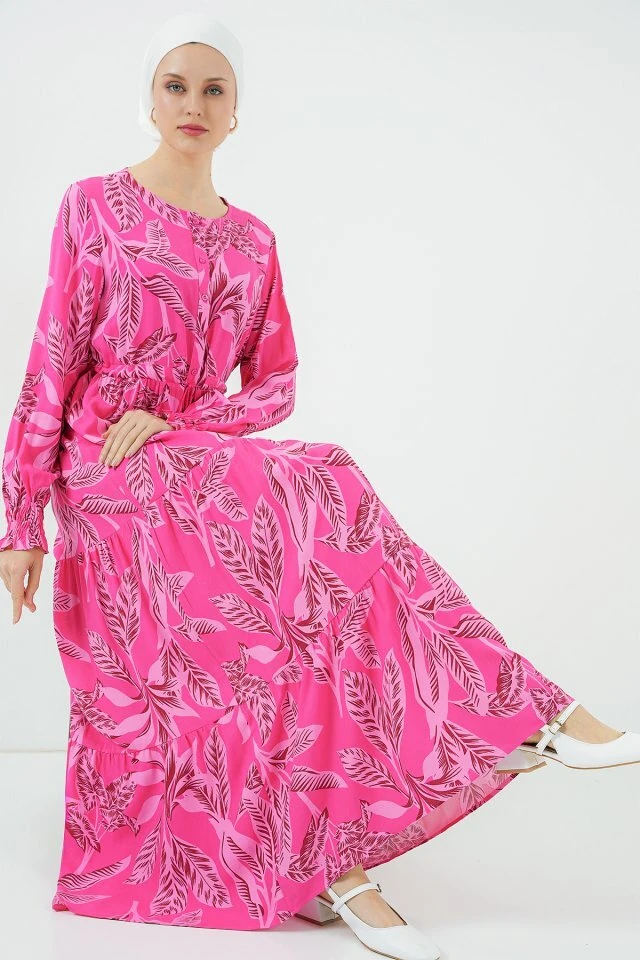 2145 Desenli Tesettür Elbise - Fuşya