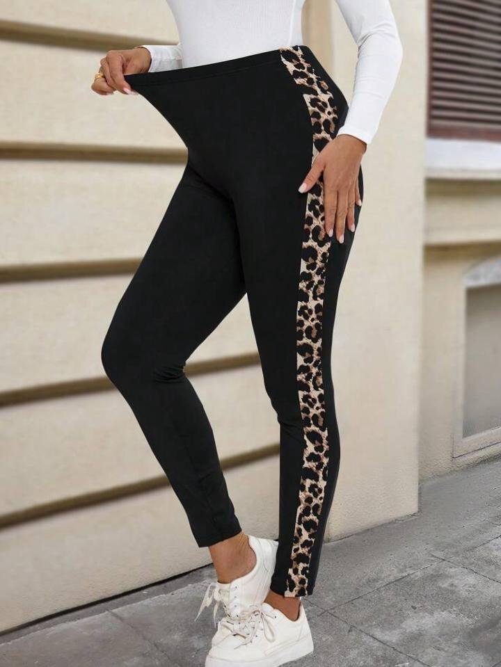 Kadın Yüksek Bel Yanları Leopar şerit Detay Dalgıç Tayt