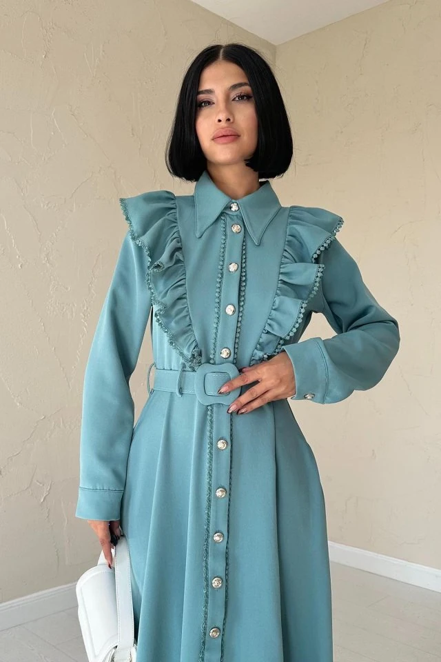 Mint Fırfırlı Dantelli Elbise