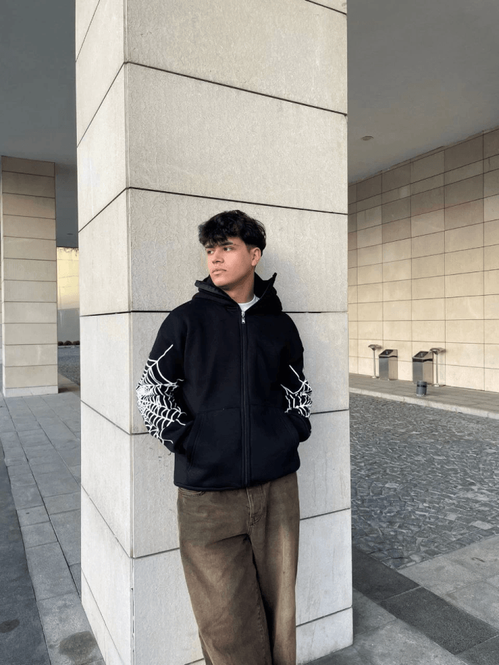 Samuray Kapşonlu ZIP Fermuarlı Kapşonlu SweatShirt - Siyah