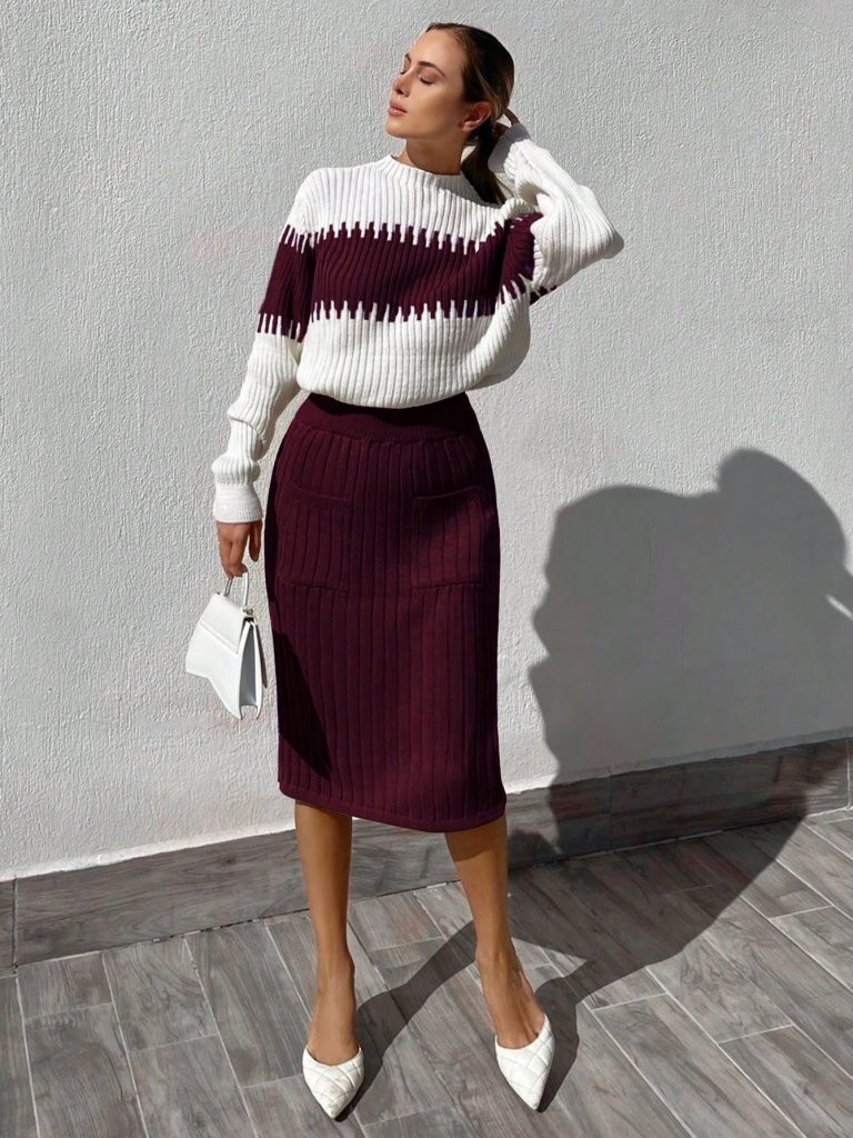 Kadın Uzun Kollu Triko Etekli Takım