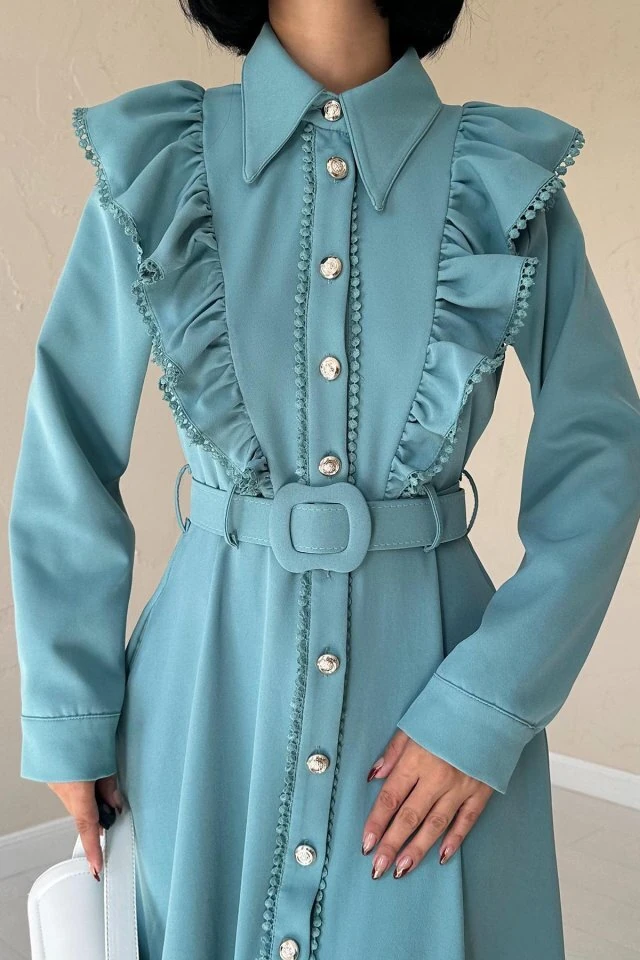 Mint Fırfırlı Dantelli Elbise