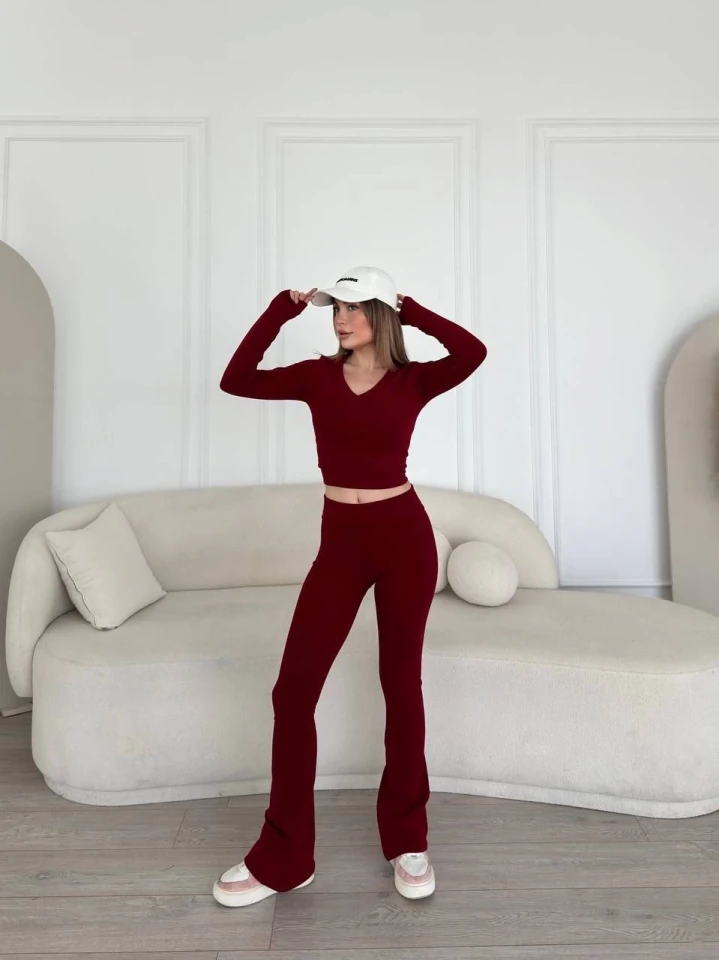 V Yaka Uzun Kollu Bluz İspanyol Paçalı Tayt İkili Takım - Bordo