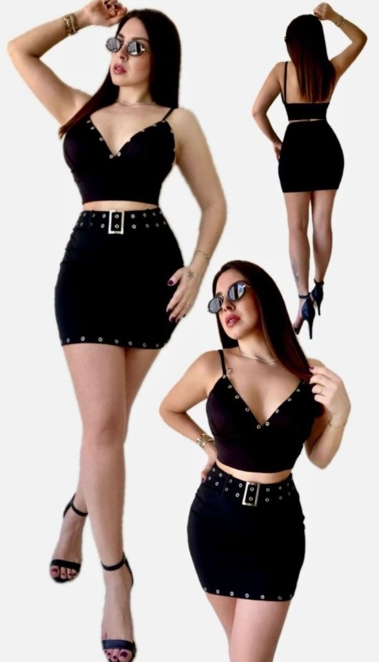 Kadın Kuşgözü Detaylı Crop Etek Takım