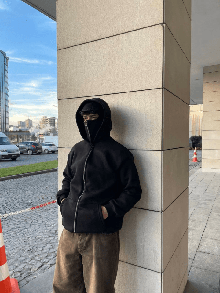 Samuray Kapüşonlu ZIP Fermuarlı Kapüşonlu Özel Tasarım SweatShirt - Siyah