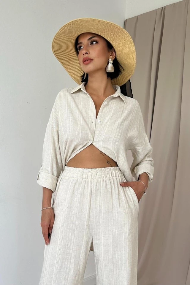 Bej Jakar Petek Gömlek Ve Pantolon Takım