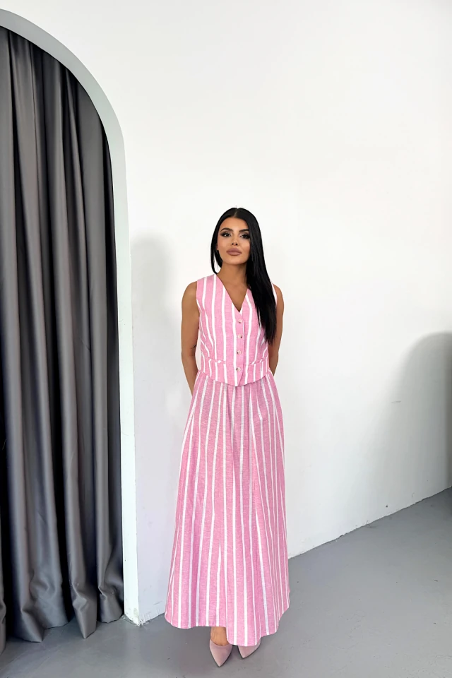 KETEN ÇİZGİLİ YELEK - UZUN ETEK TAKIM - Pembe