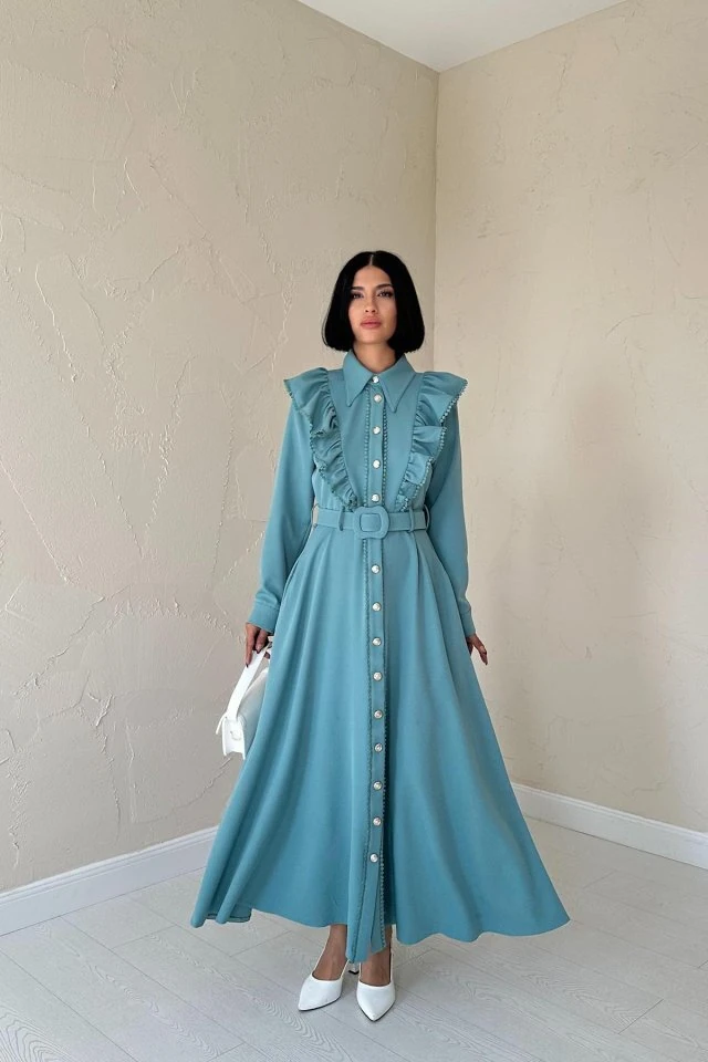 Mint Fırfırlı Dantelli Elbise