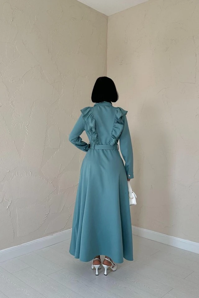 Mint Fırfırlı Dantelli Elbise