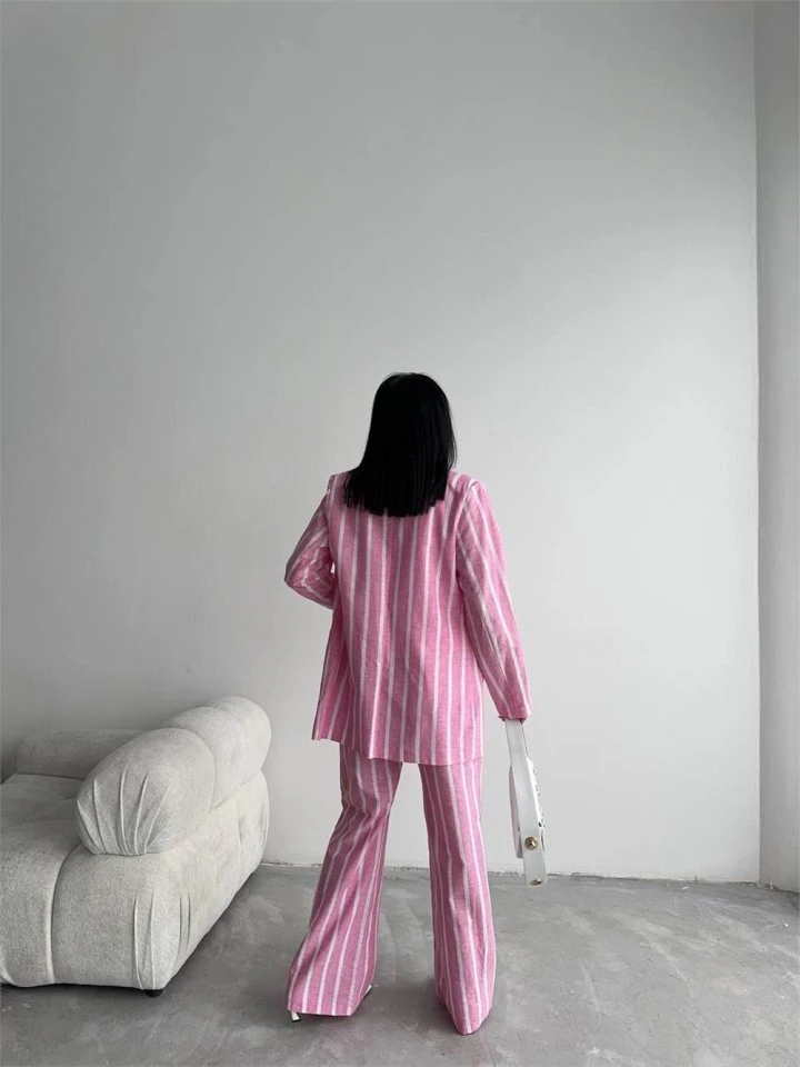 ÇİZGİLİ KETEN YELEK-PANTOLON TAKIM - Pembe