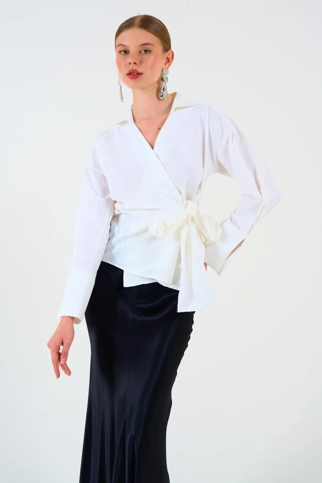 Düz Yandan Bağlamalı Gömlek - Ekru