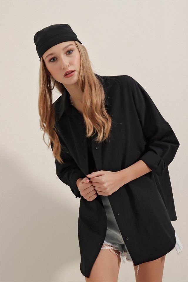 3900 Oversize Uzun Basic Gömlek - Siyah