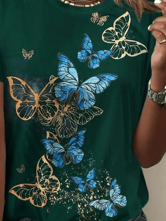 Kadın Kısa Kollu Mavi Sarı Kelebek Baskı Süprem Bluz