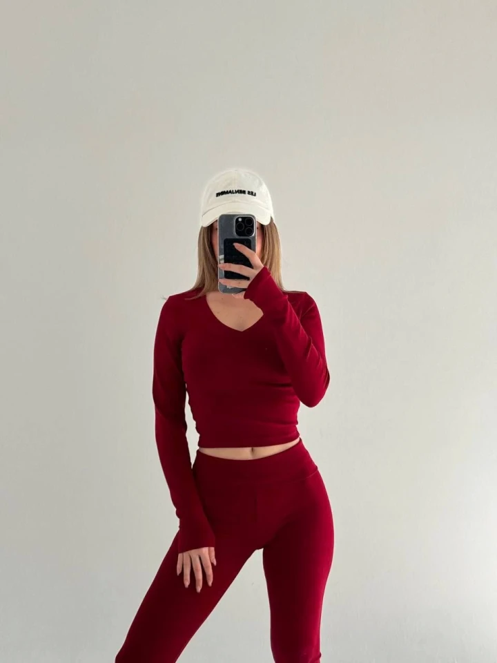 V Yaka Uzun Kollu Bluz İspanyol Paçalı Tayt İkili Takım - Bordo