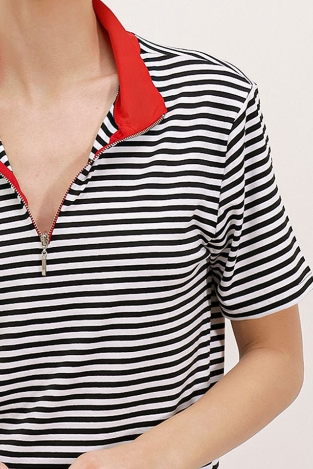 Kırmızı Polo Yaka Fermuarlı Çizgili Tişört 0497