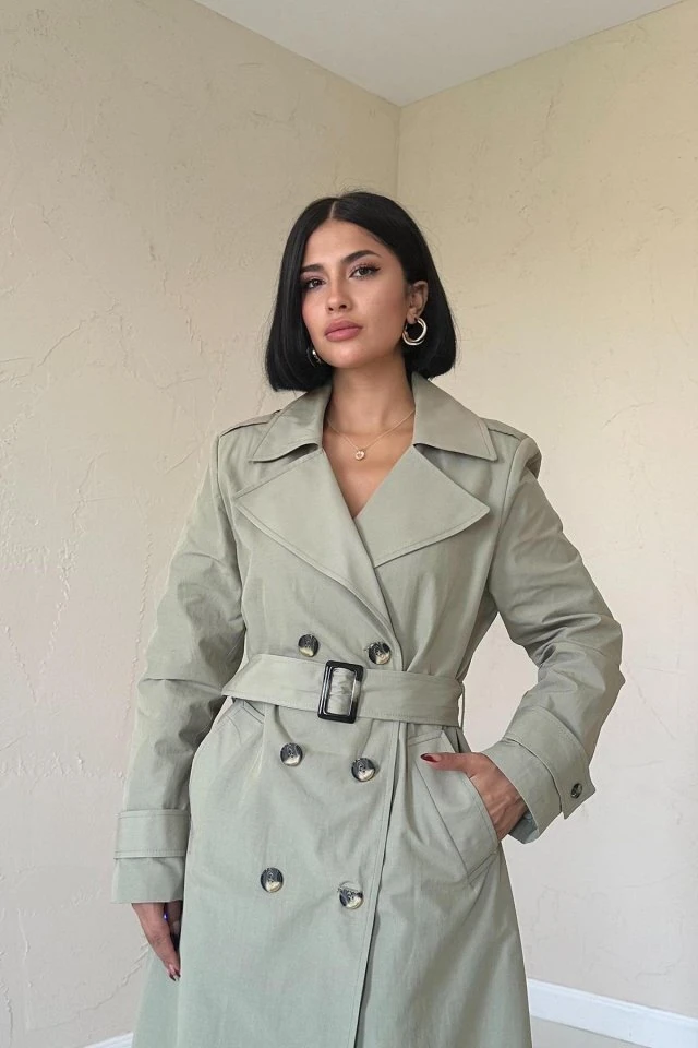 Haki Uzun Kemerli Trençkot