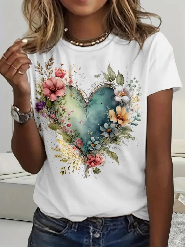 Kadın Kısa Kollu Bisiklet Yaka Kalp Desenli Süprem Bluz