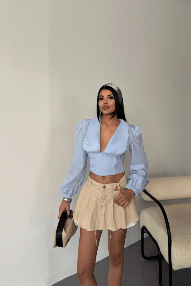 CROP POPLİN GÖMLEK YAKA KENAR DANTEL DETAYLI - Bebe Mavi