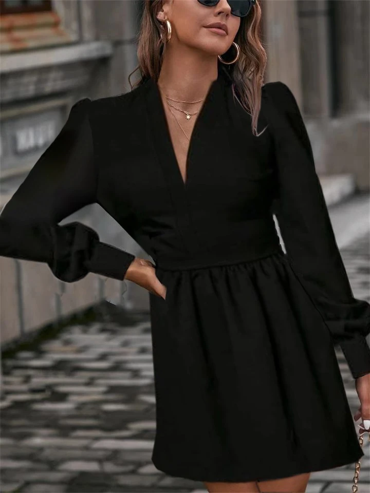 Kadın Uzun Kollu V Yaka Belden Hafif Pileli Scuba Krep Mini Boy Elbise