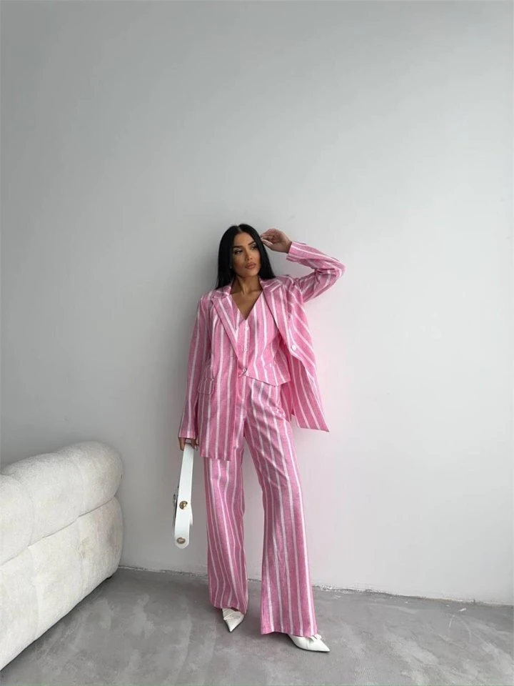 ÇİZGİLİ KETEN YELEK-PANTOLON TAKIM - Pembe